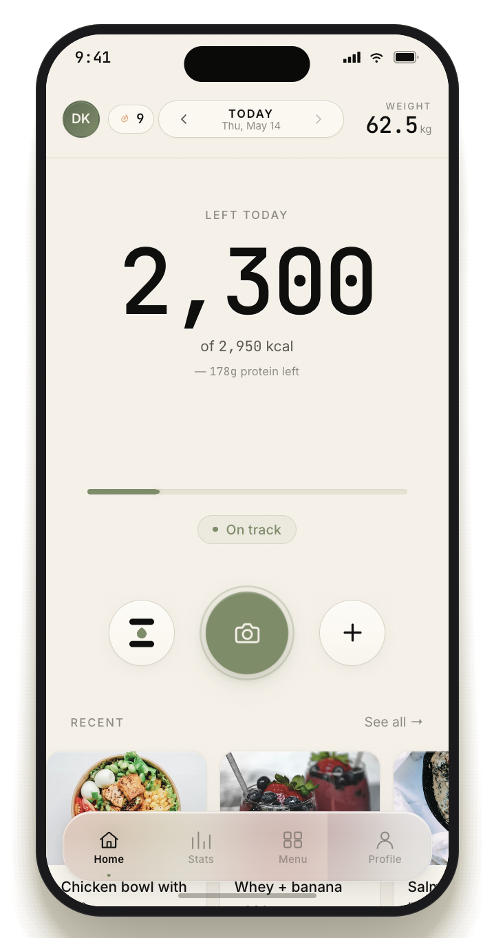 klyo home screen - 2,300 calories left today, on track, top up button